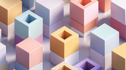 Obraz premium Colorful isometric geometric blocks with soft shadows create pastel tech aesthetic. arrangement of cubes and hollow squares evokes sense of modern design and creativity