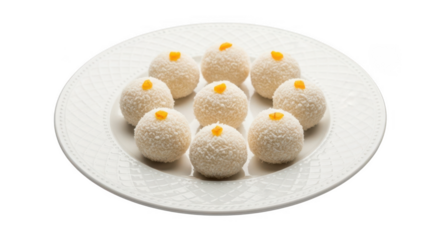 Plate of white coconut ladoo sweets isolated on transparent background