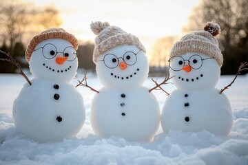 Three cheerful snowmen wearing knitted hats and round glasses standing in the snow with stick arms during a soft sunset