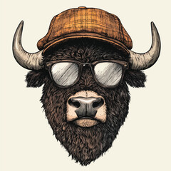 Cool bull Head Character Portrait with Cap and Glasses Retro Illustration	