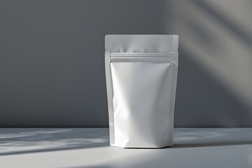 Modern white pouch mockup for product branding and packaging design with shadows and light