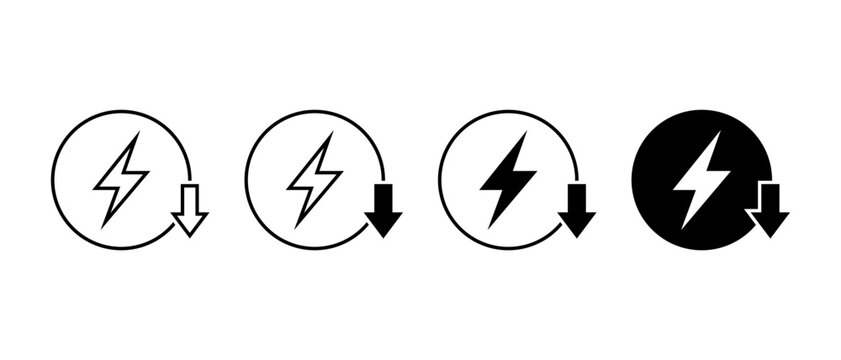 Save energy icon. Eco friendly, electricity efficiency, and low power consumption symbol. Lightning bolt with down arrow sign
