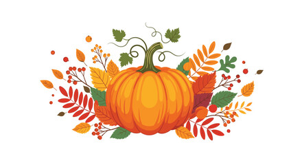 A vibrant pumpkin surrounded by autumn leaves and berries signaling the fall season.