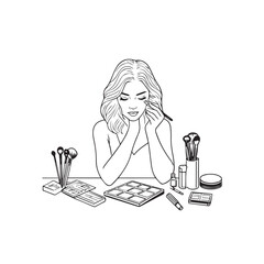 Black and white line art of a beautiful woman doing makeup at dressing table with mirror illustration