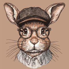 Funny rabbit Head Character Portrait with Glasses and Hat Vintage Illustration	