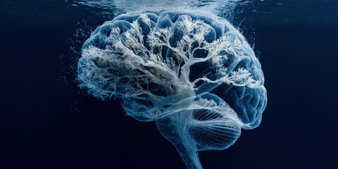 Surreal image of brain shaped tree underwater, blending nature and science, evokes sense of wonder and creativity. intricate branches resemble neural pathways, symbolizing connection between mind