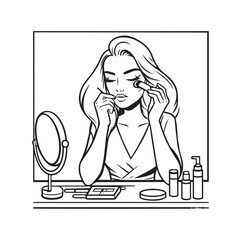 Black and white line art of a beautiful woman doing makeup at dressing table with mirror illustration