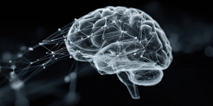 Digital representation of human brain with interconnected nodes and lines symbolizes concept of neuroscience and brain imaging technology. image conveys innovation and complexity