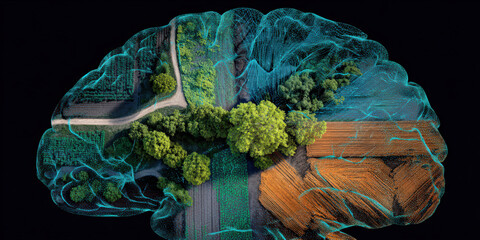Aerial view of brain shaped landscape combining agriculture and technology, showcasing fields and trees with digital overlays. image symbolizes intersection of neuroscience and precision