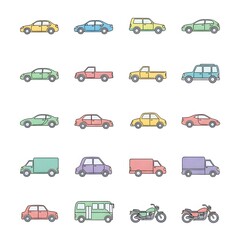 Collection of Diverse Vehicles and Transportation Icons.