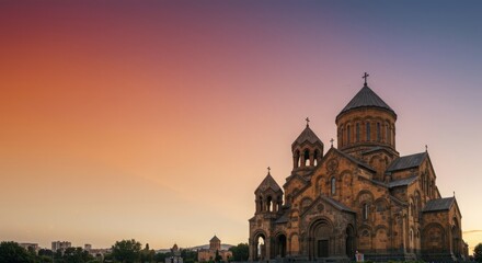 Naklejka premium Armenian Apostolic Festival banner background, cathedral on cultural gradient 
