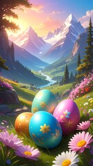 A vibrant landscape painting, featuring a valley nestled between snow-capped mountains, adorned with colorful Easter eggs amidst a meadow filled with flowers.