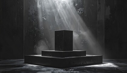 A dark, dramatic  setting showcases a multi-level, black pedestal with dramatic light beams illuminating the center.
