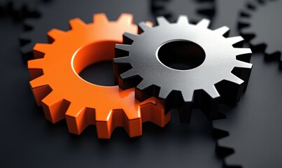 Close-up of interlocking orange and metallic gray gears on a dark background symbolizing mechanical cooperation and precise engineering