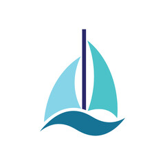Stylized sailboat with blue sails and wavy water.