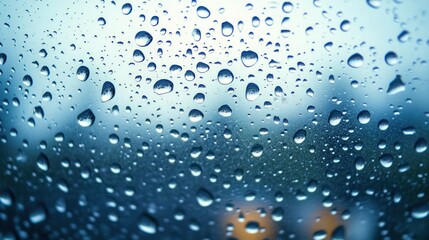 Close-up of raindrops on glass window creating a blurred background with blue tones and soft lights, evoking a calm and rainy atmosphere