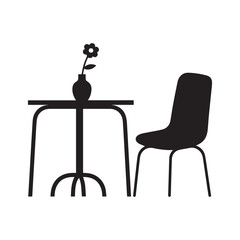  Silhouette image of a chair, table, and a flower on a white background.
