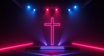 Christian Rock Festival banner background, stage and cross on neon gradient 