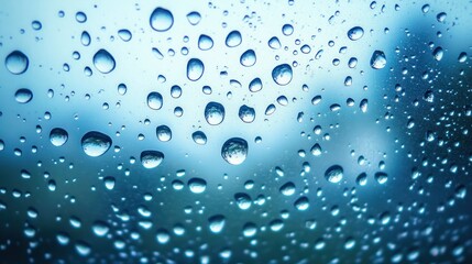 Close-up of clear raindrops on glass window reflecting a blurred blue outdoor scene, evoking a calm and serene rainy atmosphere
