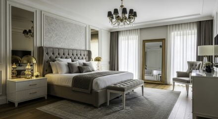 Elegant and Luxurious Master Bedroom with Tufted Upholstered Bed, Golden Chandelier, Full-Length Mirror, and Soft Neutral Tones for a Sophisticated Hotel Suite Feel