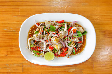 Seafood Delight: An overhead shot showcases a vibrant, appetizing seafood dish on a pristine plate, offering a tantalizing culinary experience.
