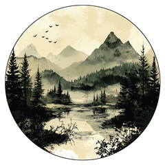 Mysterious Mountain Landscape Round Illustration Vector Art with Cloud and Fog	
