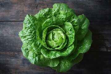 Obraz premium Fresh green lettuce head with water droplets on dark rustic wooden surface