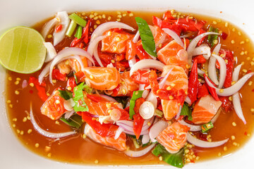 Salmon Dish with Lime: A vibrant close-up showcases a delicious dish featuring succulent salmon, perfectly complemented by fresh lime and an array of aromatic ingredients, a true feast for the senses.