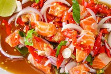 Spicy Salmon Salad: A vibrant macro shot of a delicious, flavorful spicy salmon salad. The dish is a culinary work of art, bursting with fresh ingredients and captivating colors.