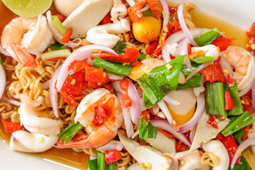 Delicious Seafood Salad: A mouthwatering seafood salad, featuring an array of fresh ingredients with a photorealistic representation, ready to enjoy.