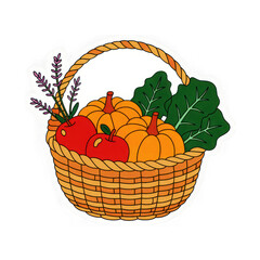 Harvest Basket Autumn Bounty Produce Apples Pumpkins Greens Seasonal Food Illustration Graphic