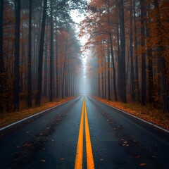 Fototapeta premium Misty autumn forest road with double yellow lines disappearing into foggy horizon, peaceful travel concept, scenic nature landscape with trees in fall colors and moody atmosphere