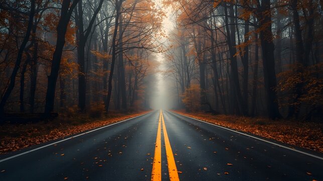 Misty autumn forest road with double yellow lines disappearing into foggy horizon, peaceful travel concept, scenic nature landscape with trees in fall colors and moody atmosphere