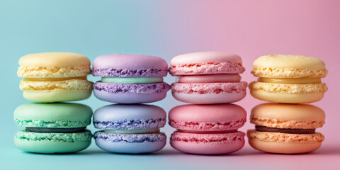 Obraz premium Colorful macarons arranged in row on vibrant pastel background create cheerful and delightful scene. rainbow hues of macarons contrast beautifully with soft gradient backdrop