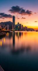 Fototapeta premium A vibrant sunrise paints the skyline of a bustling city, reflecting golden hues on the calm harbor water.