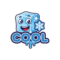 Cool Ice Cube Cartoon Character with Snowflake and Text.
