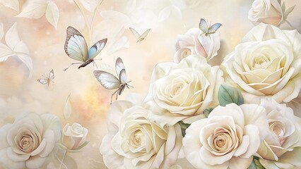 A delicate arrangement of white roses and butterflies creates a dreamy and romantic floral composition