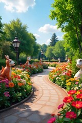 Vibrant flowerbeds and whimsical sculptures adorn a beautifully landscaped park, creating a delightful and enchanting atmosphere perfect for relaxation and enjoyment , park, green, peaceful