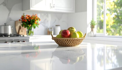 A shallow, light beige wicker basket brimming with red and green apples sits atop a gleaming white marble countertop in a bright, airy kitchen.
