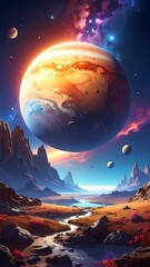 A vibrant, otherworldly landscape showcases a colossal planet high above a serene valley, bathed in warm hues of orange and gold.