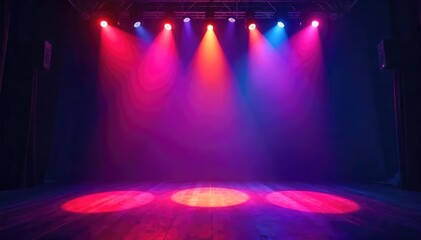Vibrant stage bathed in dynamic colored lighting; spotlights create dramatic shadows and highlights, perfect for concert, theater, or event promotion , beam lighting, colorful lighting