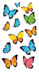 A vibrant display of colorful butterflies, in various shades of orange, blue, yellow, green, and pink, against a plain white background.