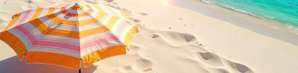 Vibrant striped beach umbrella casting shade on soft sand, creating a tranquil and inviting summer scene Perfect for travel, vacation, and summer holiday themes , shade, vacation