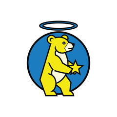 Cute cartoon bear holding a star with a halo above.
