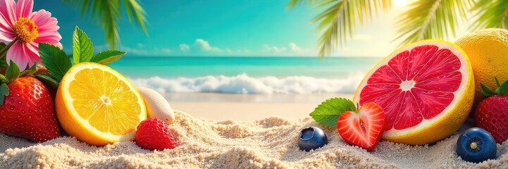 Vibrant summer colors explode in a playful composition of sun-drenched fruits, flowers, and beach sand, capturing the essence of warm weather fun ,  sky,  cheerful