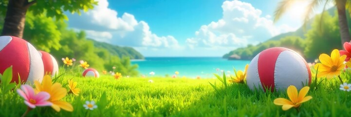 Vibrant summer scene depicting lush green grass, bright flowers, and playful beach balls, perfect for a game-themed summer backdrop , grass, happy, nature