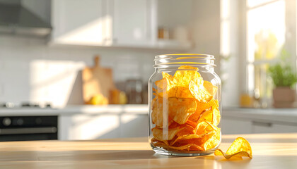 Crispy Potato Chips in Glass Jar on Kitchen Counter