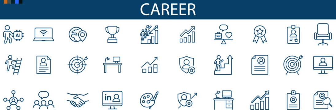 CAREER Icon Set – 36 Minimalist Line-Style Symbols for Professional Growth, Remote Work, Recognition & Goal Achievement in UI, HR Branding & Career Education