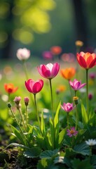 Vibrant wildflowers bursting forth from a natural spring, sunlight illuminating delicate petals and lush green foliage A breathtaking display of nature's beauty , idyllic, spring, serene