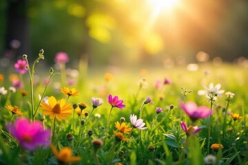 Vibrant wildflowers bursting into bloom in a lush meadow bathed in the warm glow of the springtime sun Perfect for seasonal themes, nature, and environmental projects , spring flowers, renewal